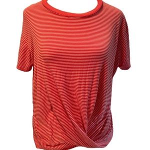 Eddy Bauer Melon with White Stripes Short Sleeve Round Neck Ruched Sides Tee S